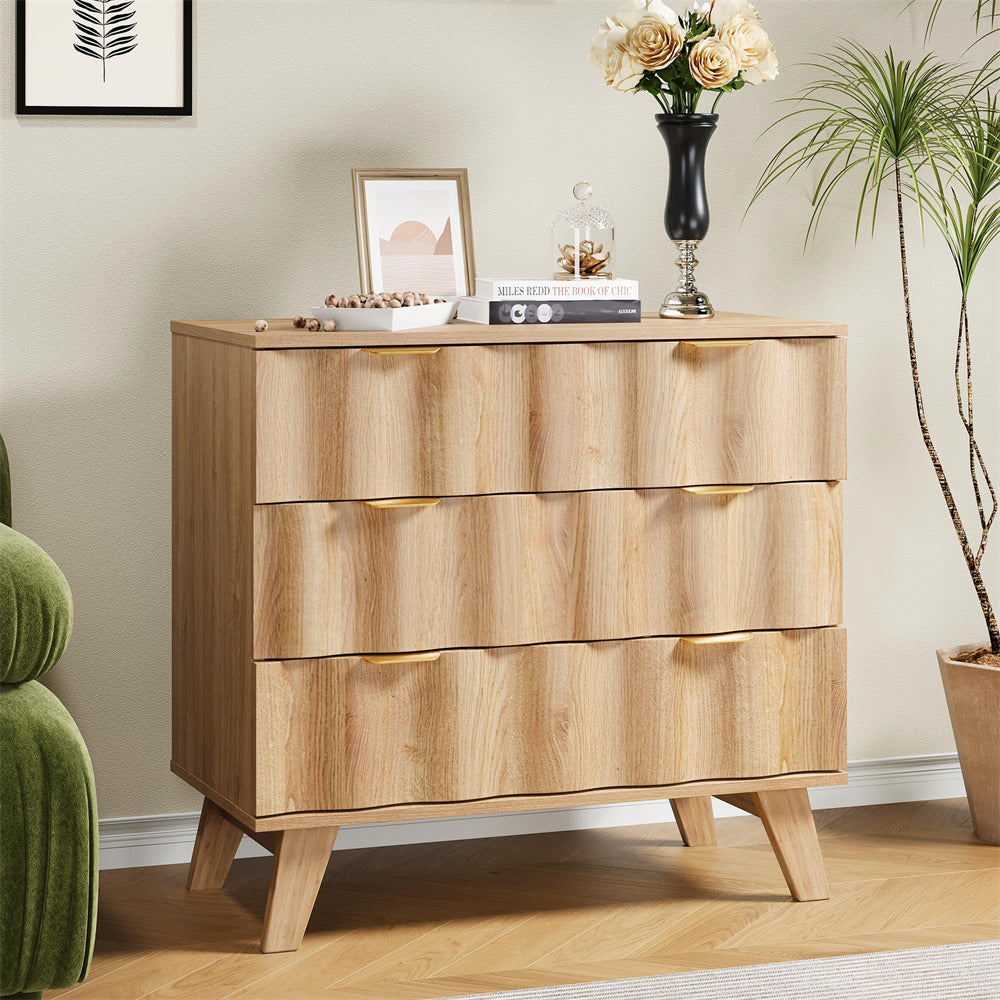 Natural Fluted 3 Drawer Dresser Storage Accent Cabinet with Metal Handles and Wooden Legs