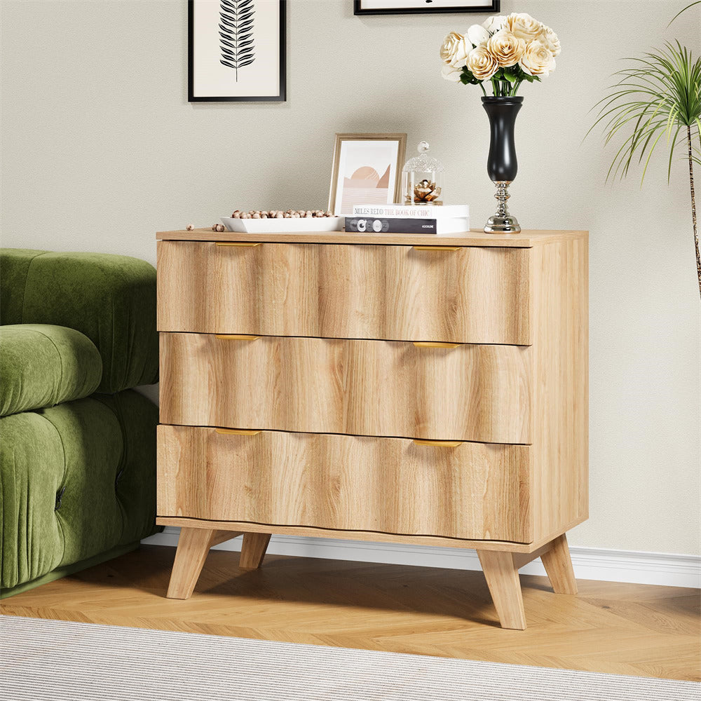 Natural Fluted 3 Drawer Dresser Storage Accent Cabinet with Metal Handles and Wooden Legs