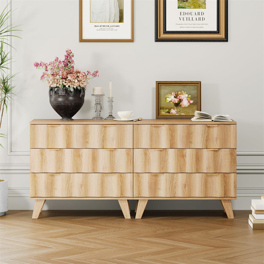 Natural Fluted 3 Drawer Dresser Storage Accent Cabinet with Metal Handles and Wooden Legs