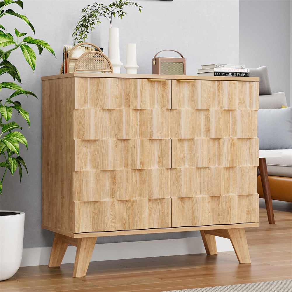 Natural Fluted Storage Cabinet Sideboard Console Table with Adjustable Shelf and Metal Handles