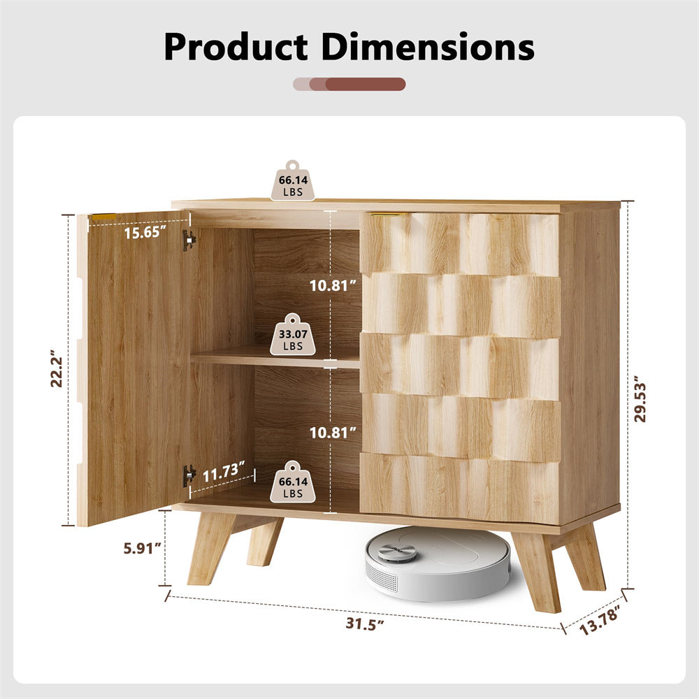 Natural Fluted Storage Cabinet Sideboard Console Table with Adjustable Shelf and Metal Handles