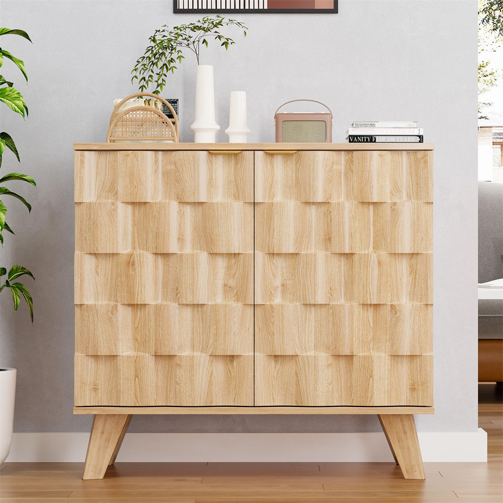 Natural Fluted Storage Cabinet Sideboard Console Table with Adjustable Shelf and Metal Handles