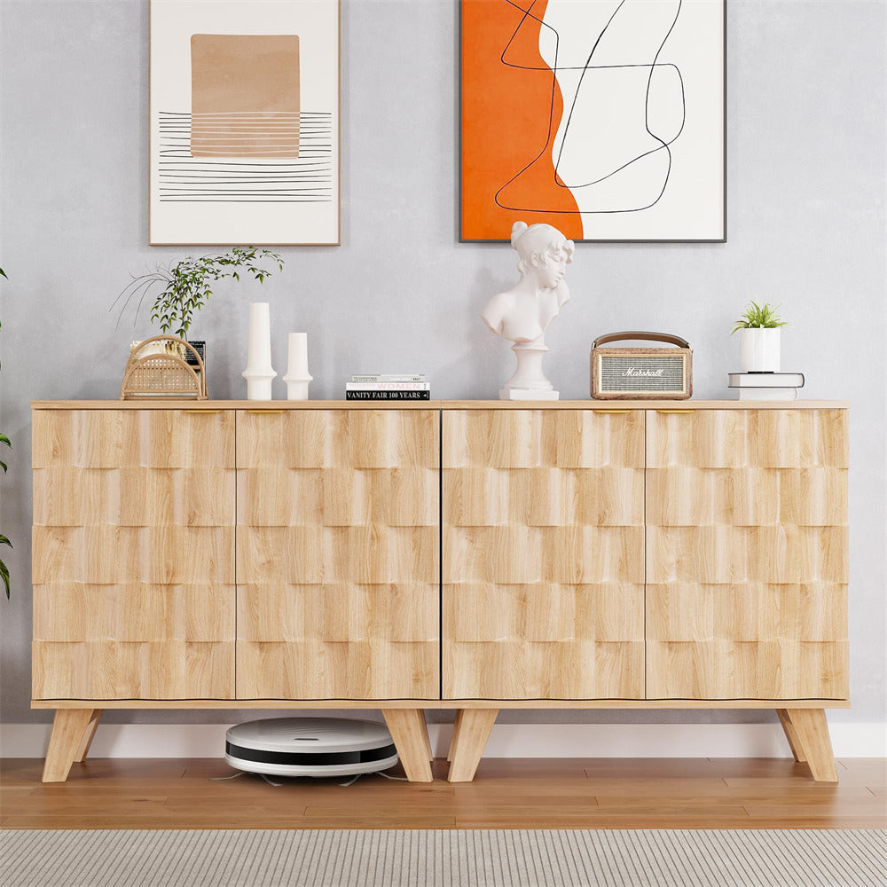 Natural Fluted Storage Cabinet Sideboard Console Table with Adjustable Shelf and Metal Handles