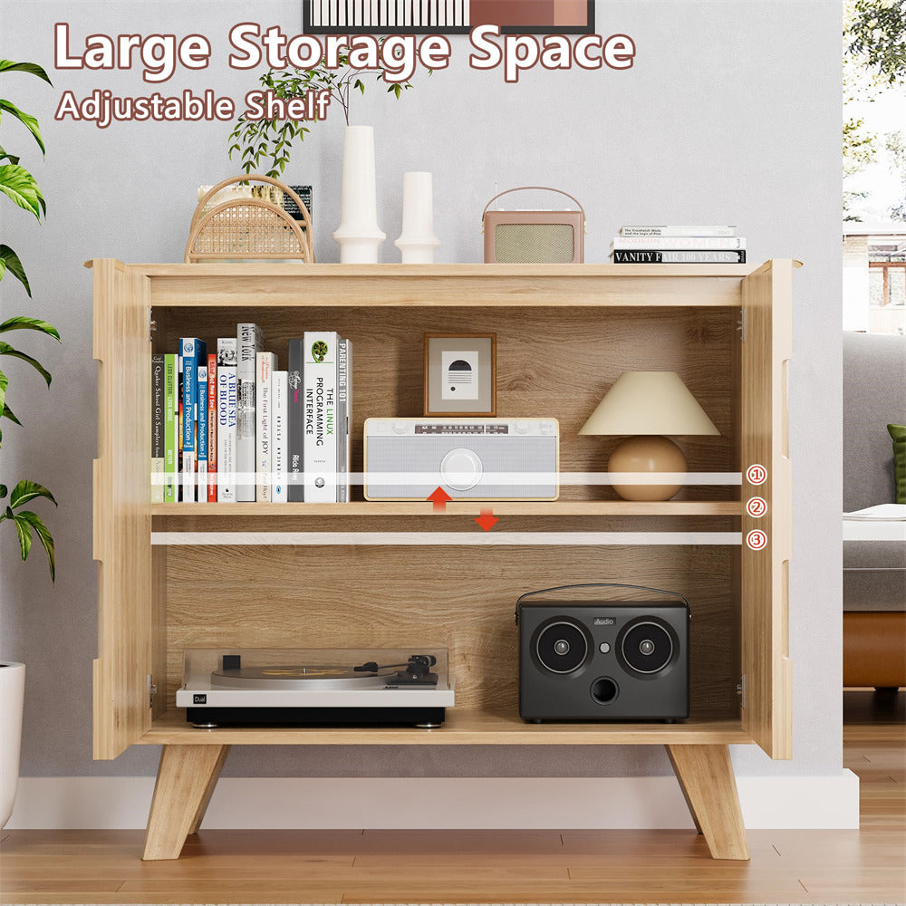 Natural Fluted Storage Cabinet Sideboard Console Table with Adjustable Shelf and Metal Handles