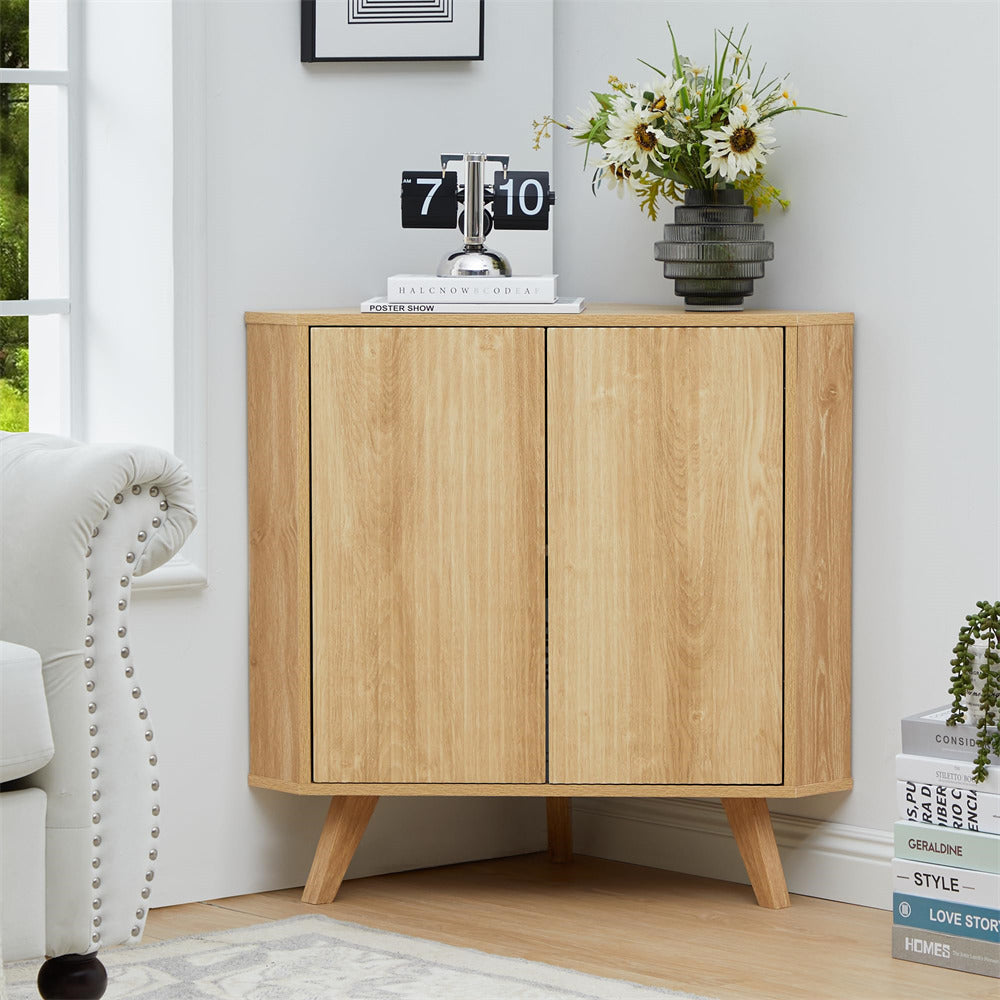 Natural Freestanding Fluted Small Floor Corner Cabinet with Adjustable Shelve