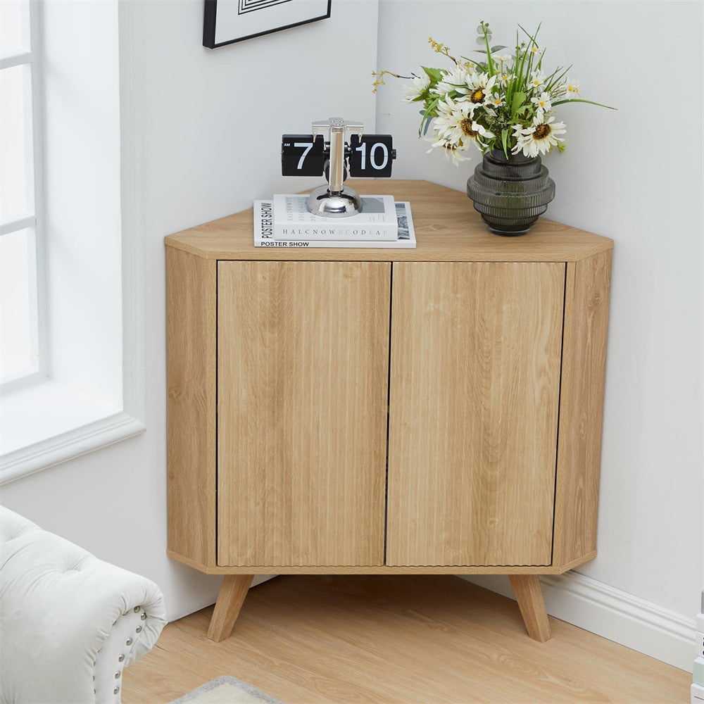 Natural Freestanding Fluted Small Floor Corner Cabinet with Adjustable Shelve