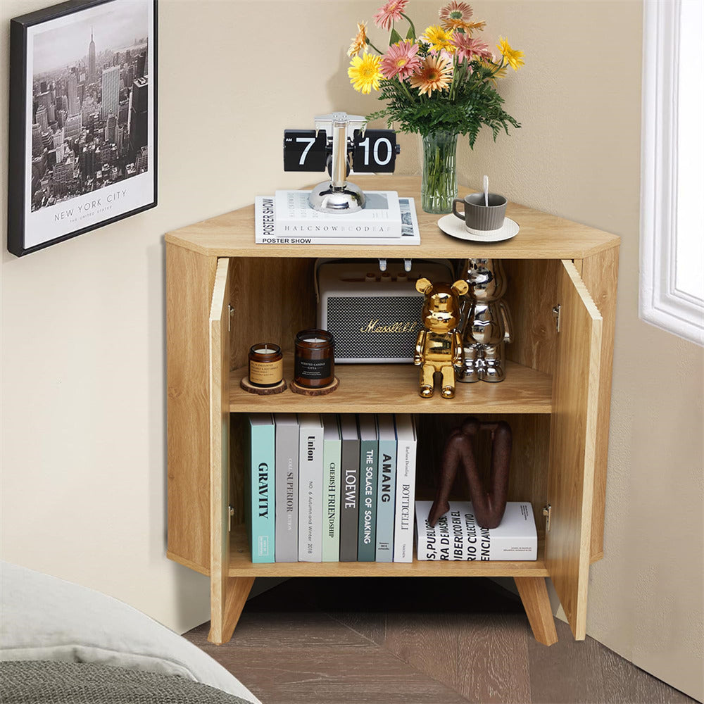 Natural Freestanding Fluted Small Floor Corner Cabinet with Adjustable Shelve