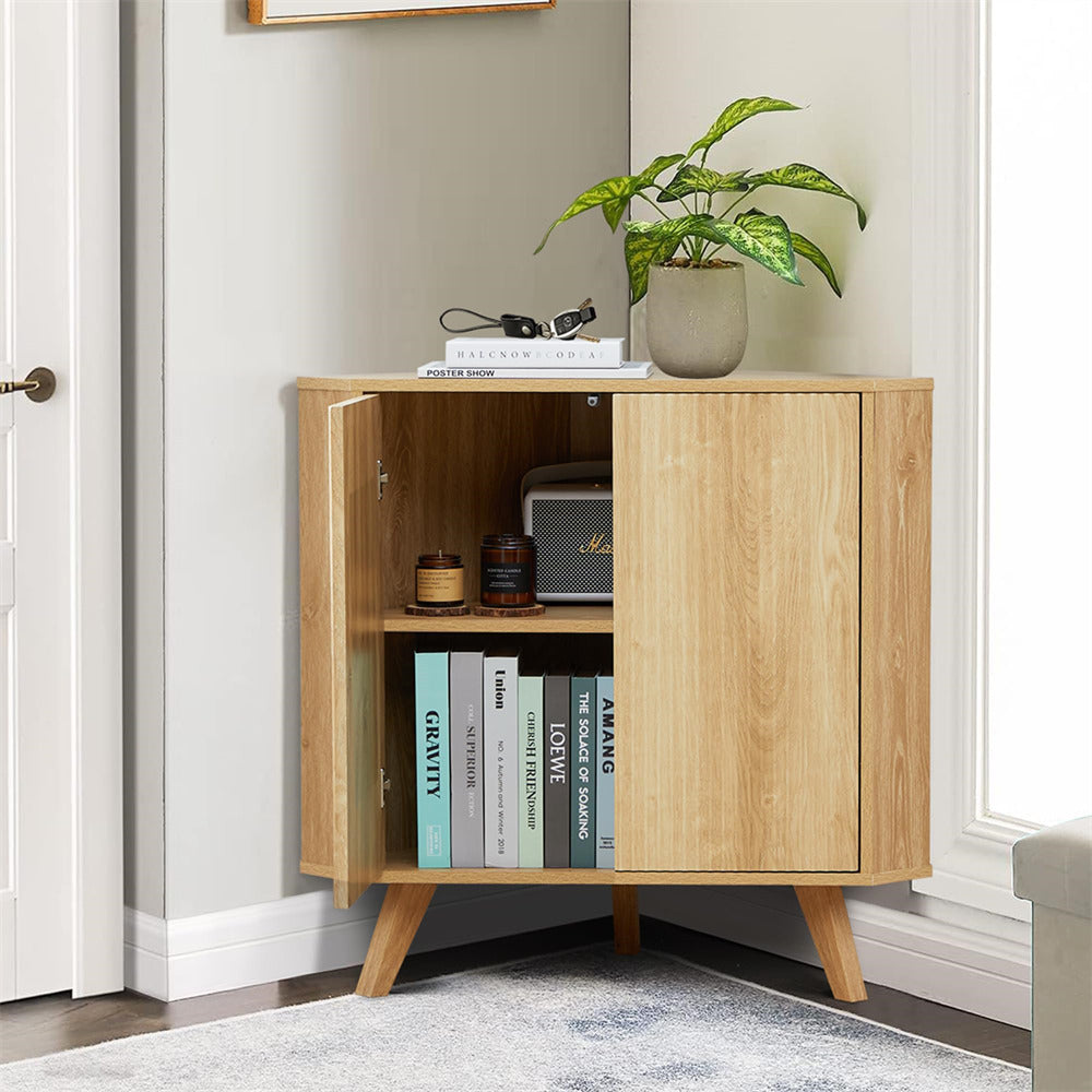 Natural Freestanding Fluted Small Floor Corner Cabinet with Adjustable Shelve