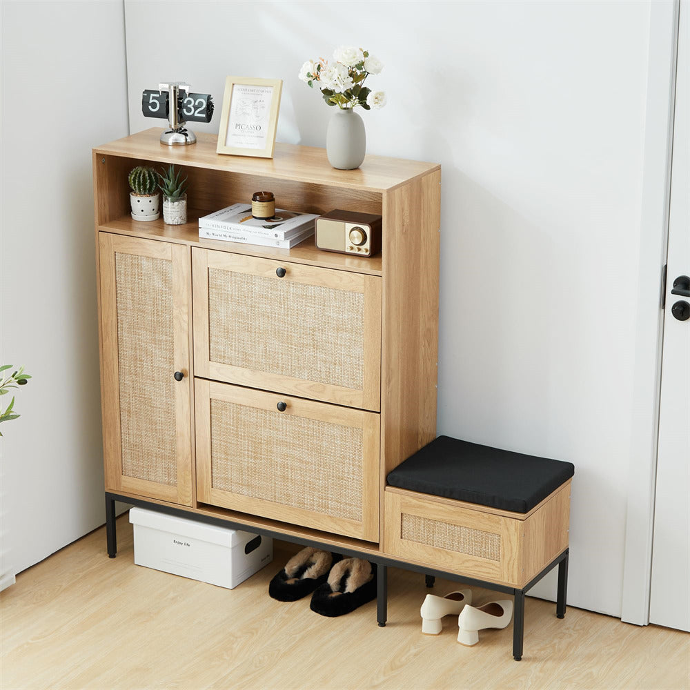 Natural Large 18 Pair Shoe Storage Cabinet with 2 Flip Drawers and Shoe Bench