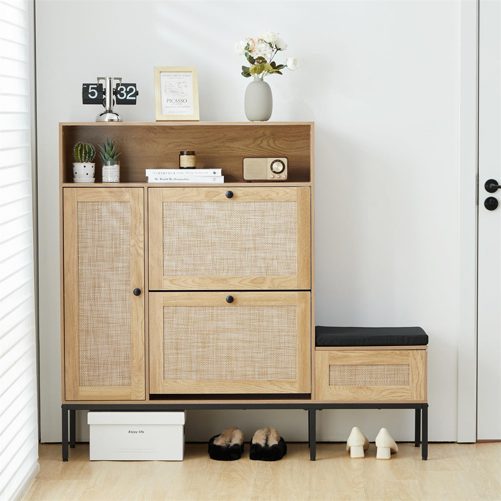 Natural Large 18 Pair Shoe Storage Cabinet with 2 Flip Drawers and Shoe Bench