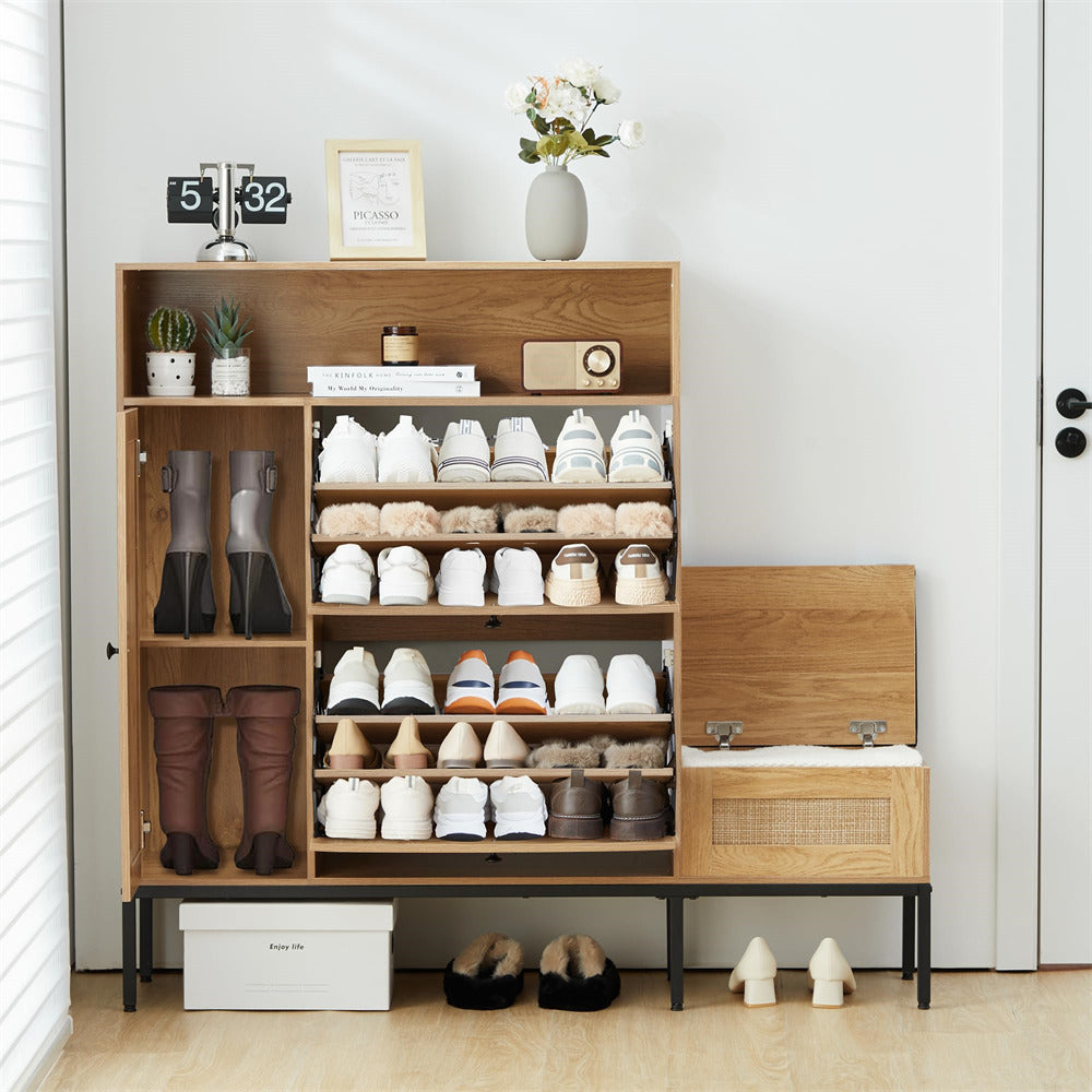 Natural Large 18 Pair Shoe Storage Cabinet with 2 Flip Drawers and Shoe Bench