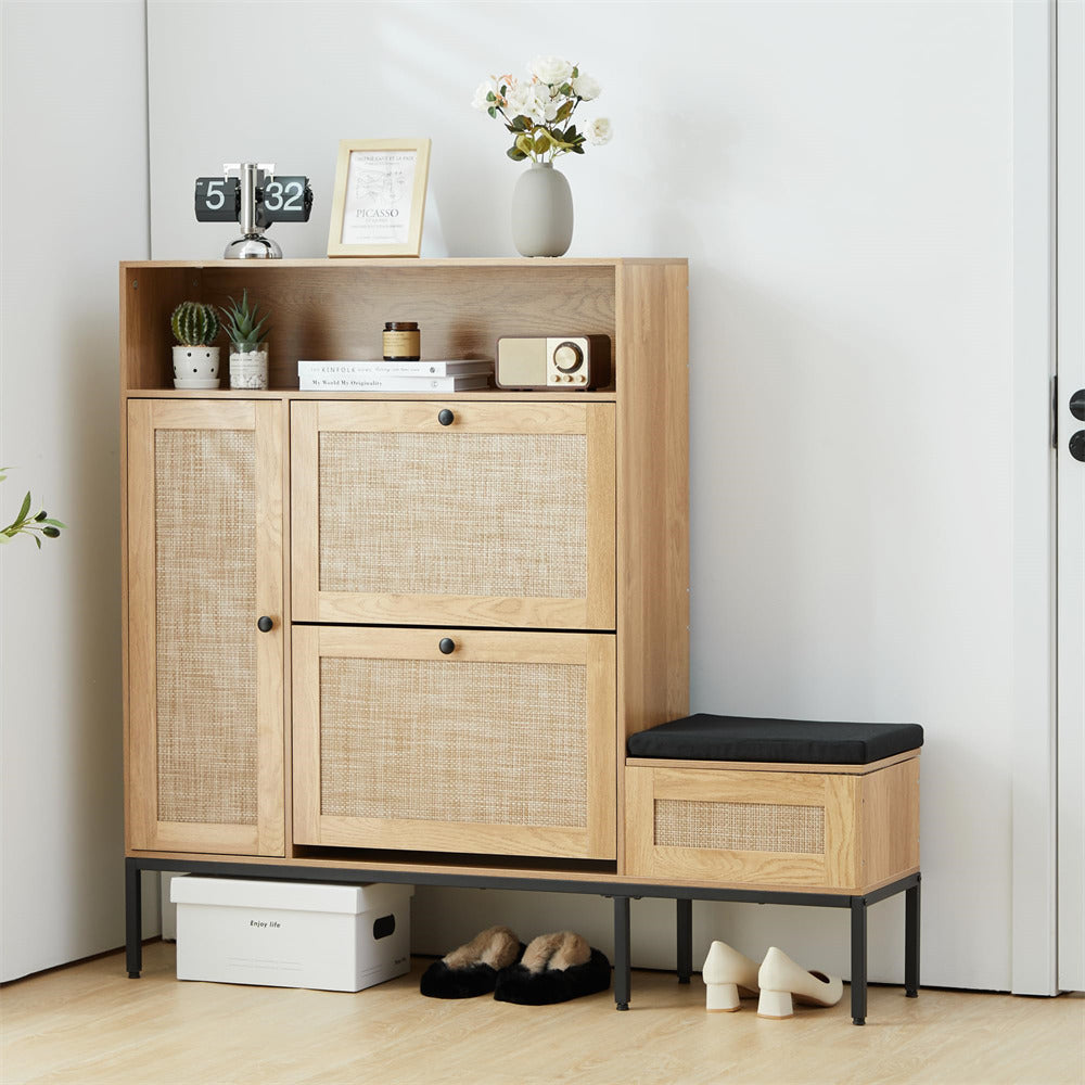 Natural Large 18 Pair Shoe Storage Cabinet with 2 Flip Drawers and Shoe Bench