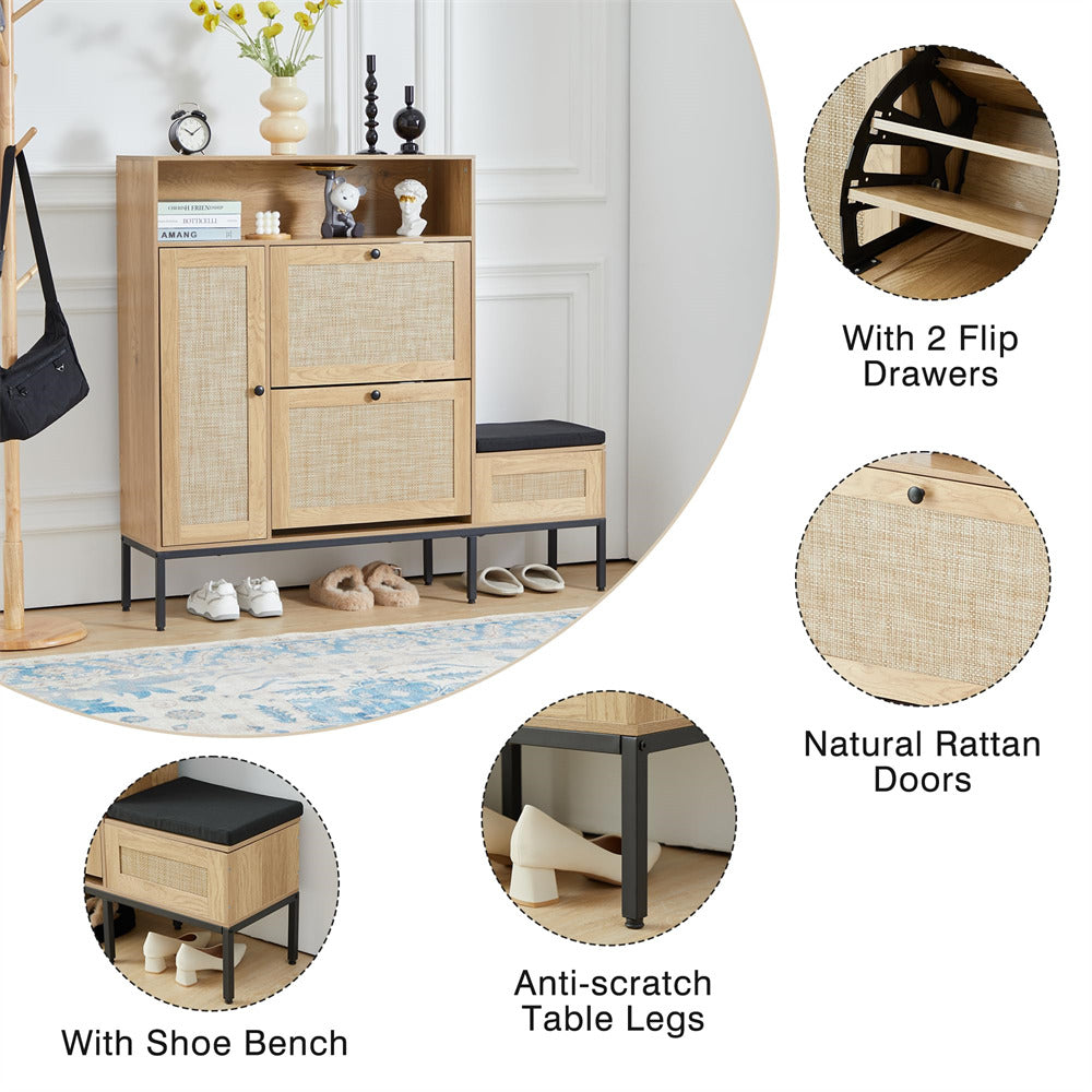 Natural Large 18 Pair Shoe Storage Cabinet with 2 Flip Drawers and Shoe Bench