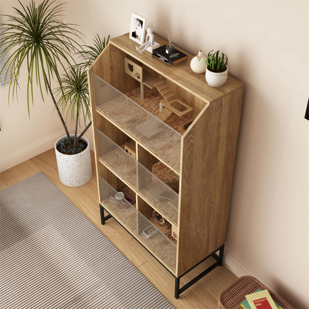 Natural Large Wooden Hamster Cage with 3-Tier Storage Cabinet and Openable Top