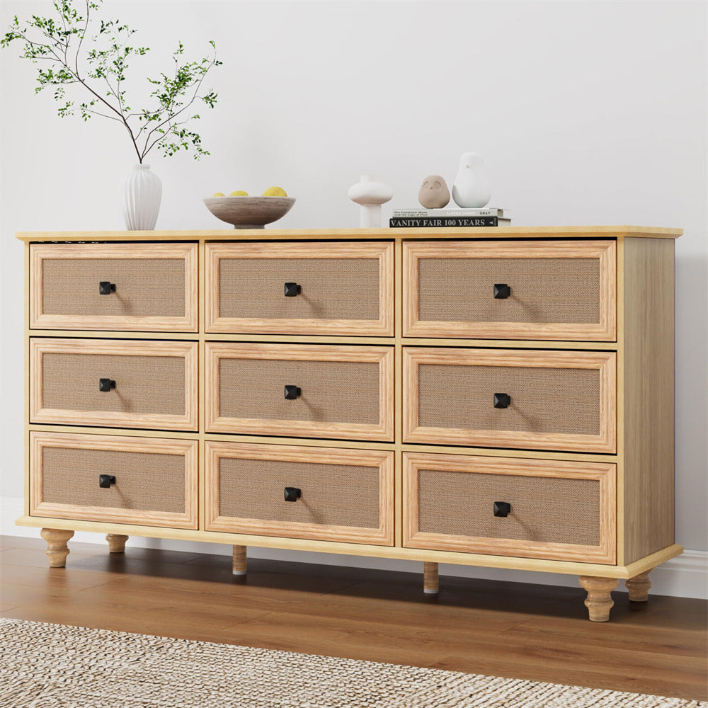 Natural Mid Century Modern 9 Drawer Dresser Wide Wood Vintage Chest of Drawers with Burlap Rattan Drawers