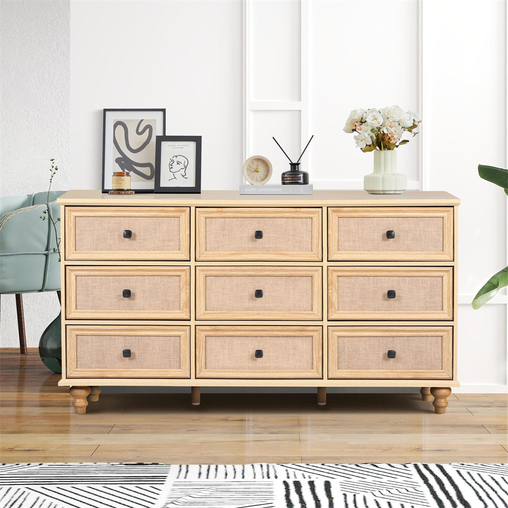 Natural Mid Century Modern 9 Drawer Dresser Wide Wood Vintage Chest of Drawers with Burlap Rattan Drawers