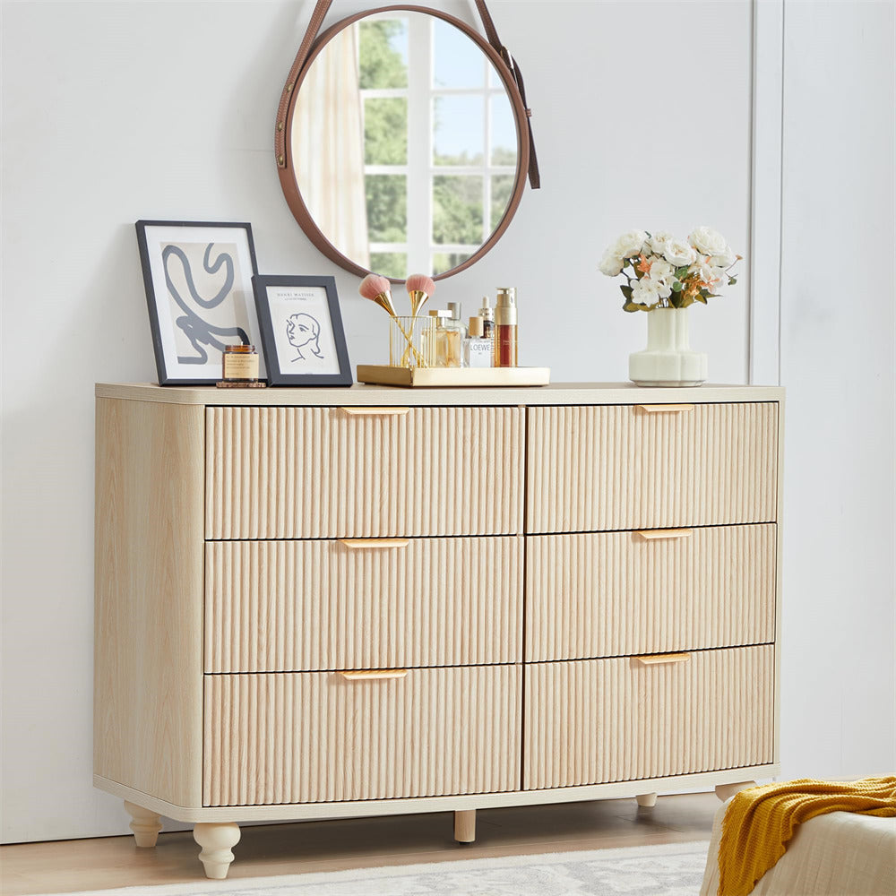 Natural Mid Century Modern Fluted 6 Drawer Dresser Boho Storage Cabinet with Solid Wood Legs