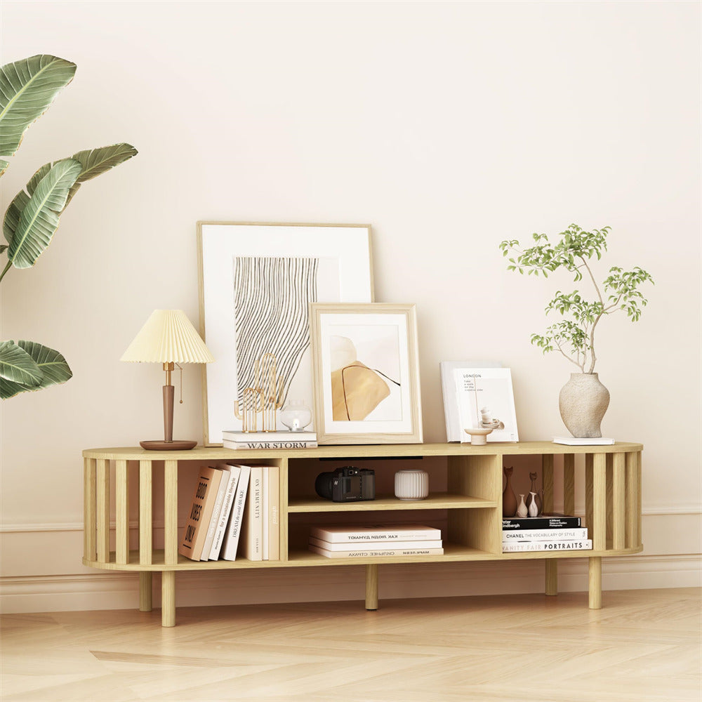 Natural Mid Century Modern TV Stand up to 70" Curved Profile Design Media Console with Storage Shelves