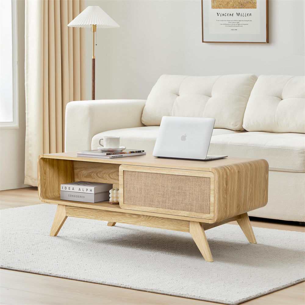 Mid Century Modern Wood Coffee Table with Sliding Linen Door Panel and Storage