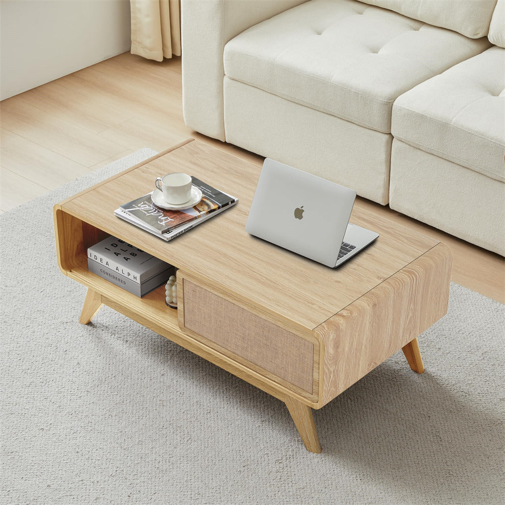 Mid Century Modern Wood Coffee Table with Sliding Linen Door Panel and Storage