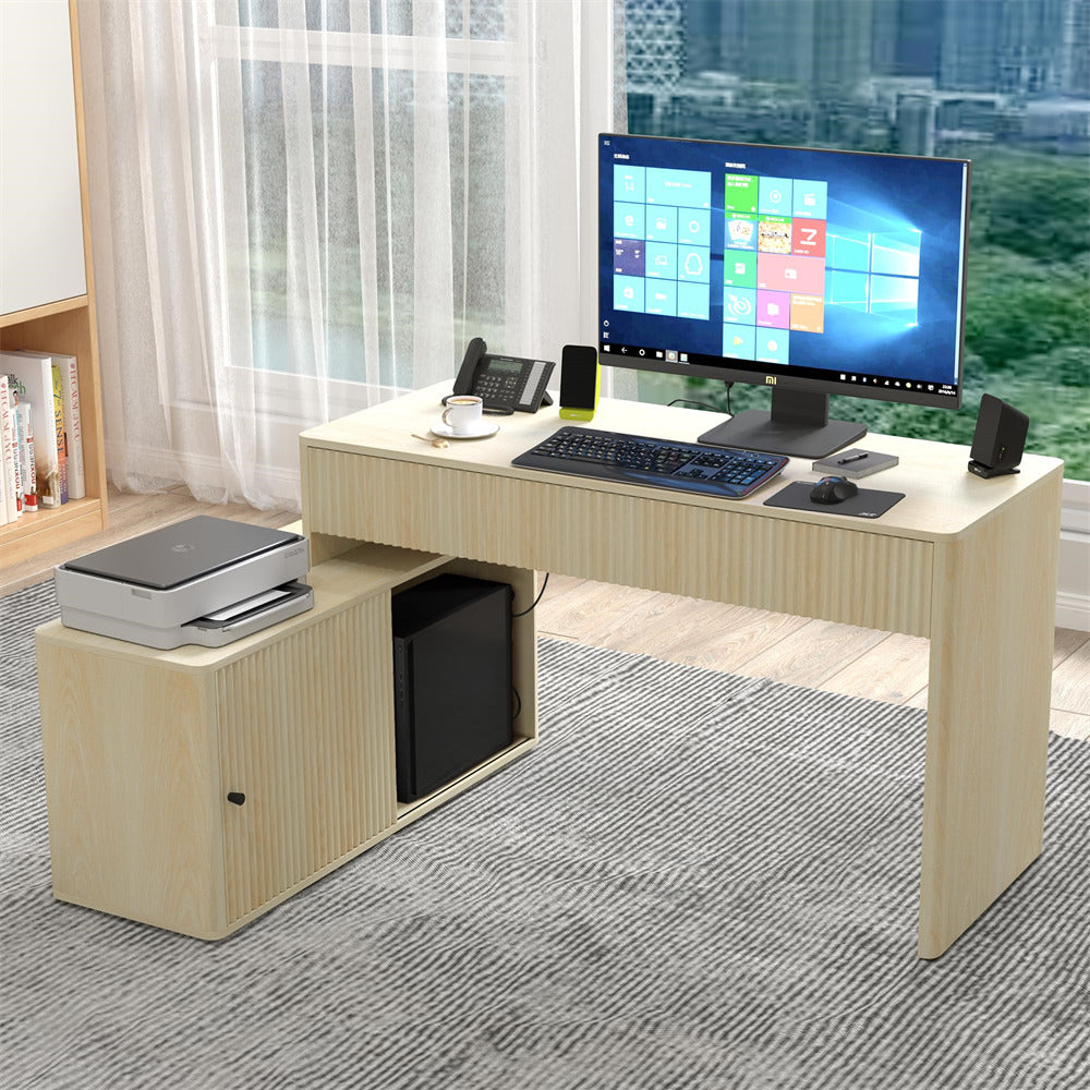 Natural Modern Corner L Shaped Computer Desk Table Home Office Desk with Storage and Drawers