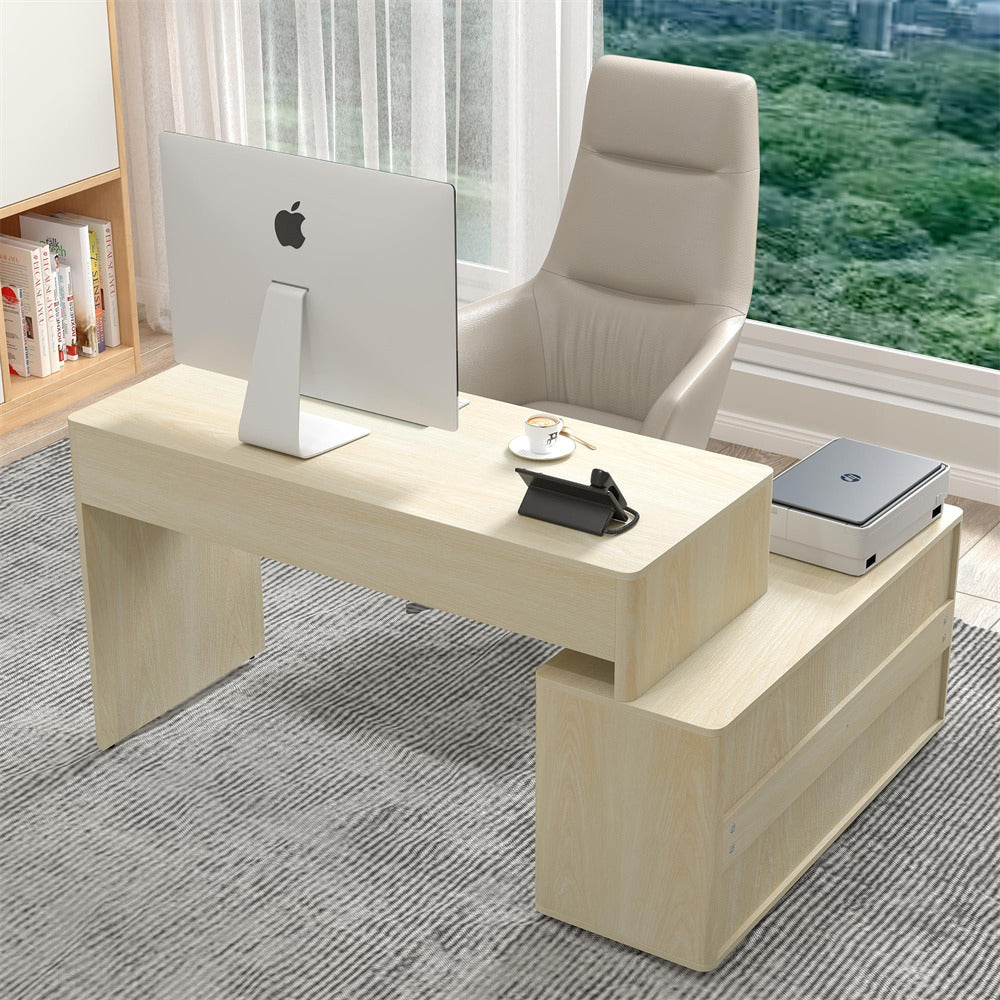 Natural Modern Corner L Shaped Computer Desk Table Home Office Desk with Storage and Drawers