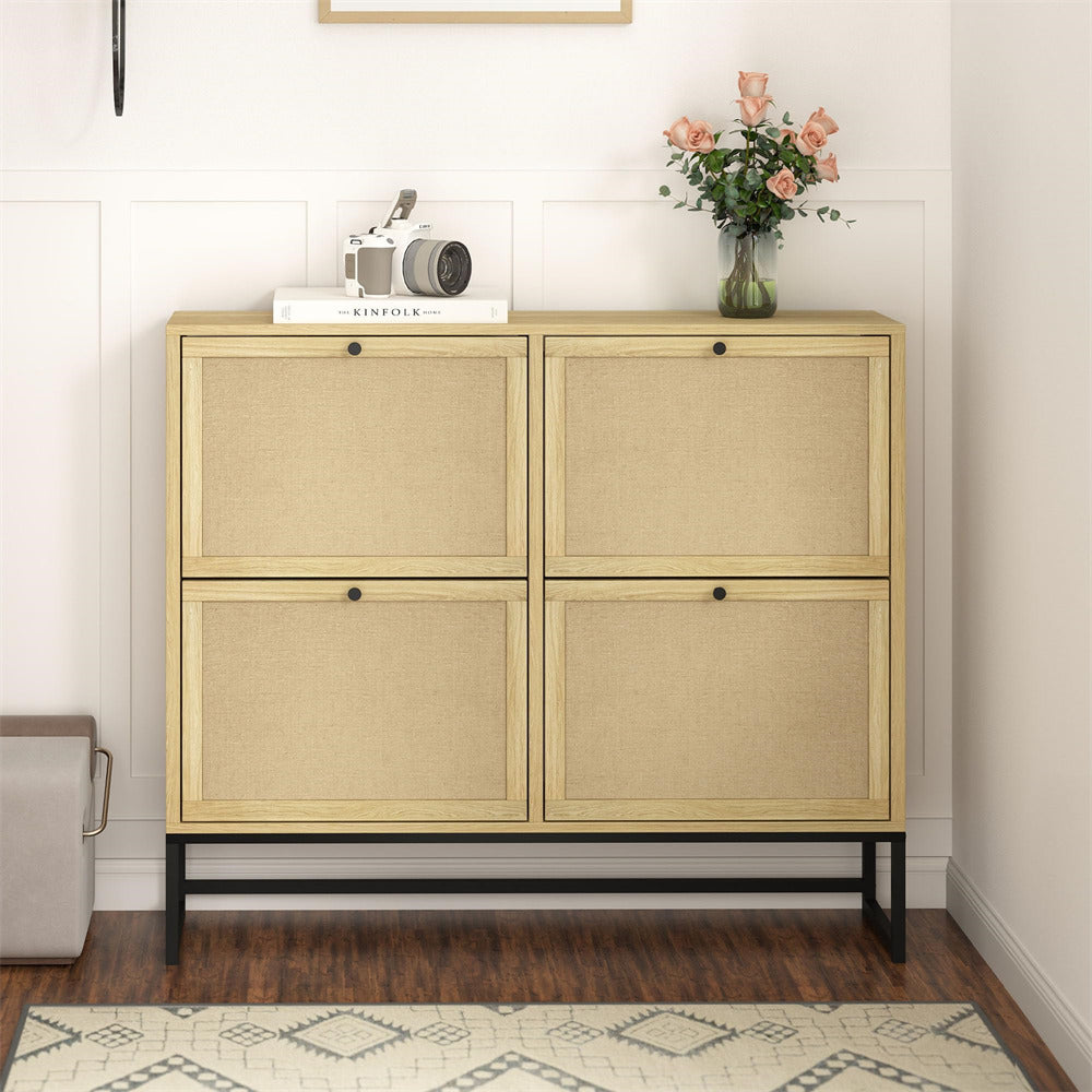 Natural Modern Entryway Wooden Shoe Cabinet with 4 Door 2-Tier Flip Drawers