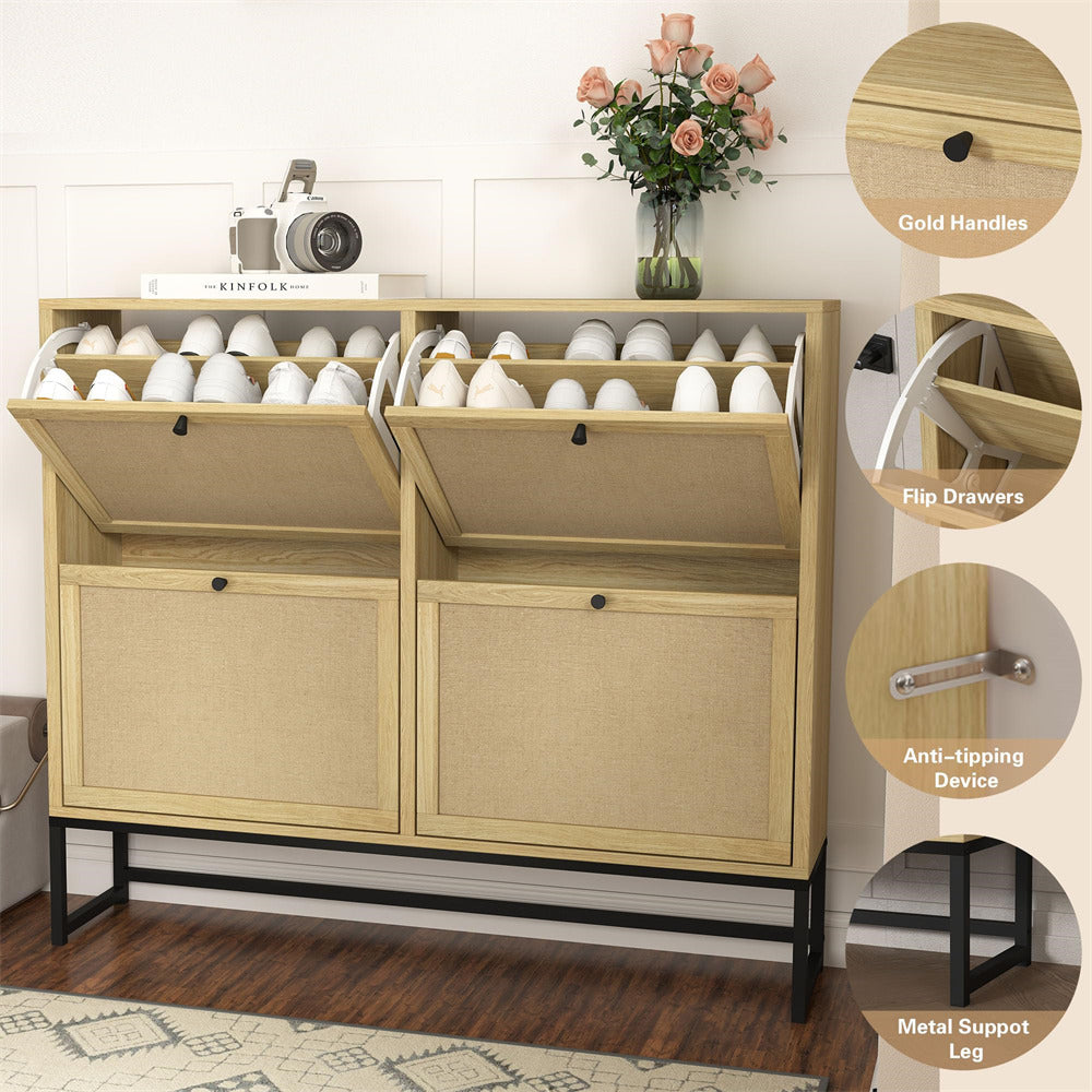 Natural Modern Entryway Wooden Shoe Cabinet with 4 Door 2-Tier Flip Drawers