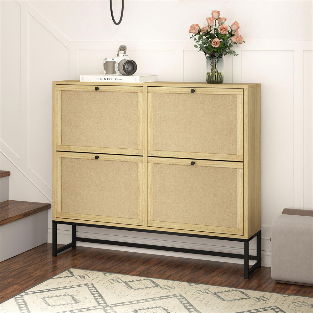 Natural Modern Entryway Wooden Shoe Cabinet with 4 Door 2-Tier Flip Drawers