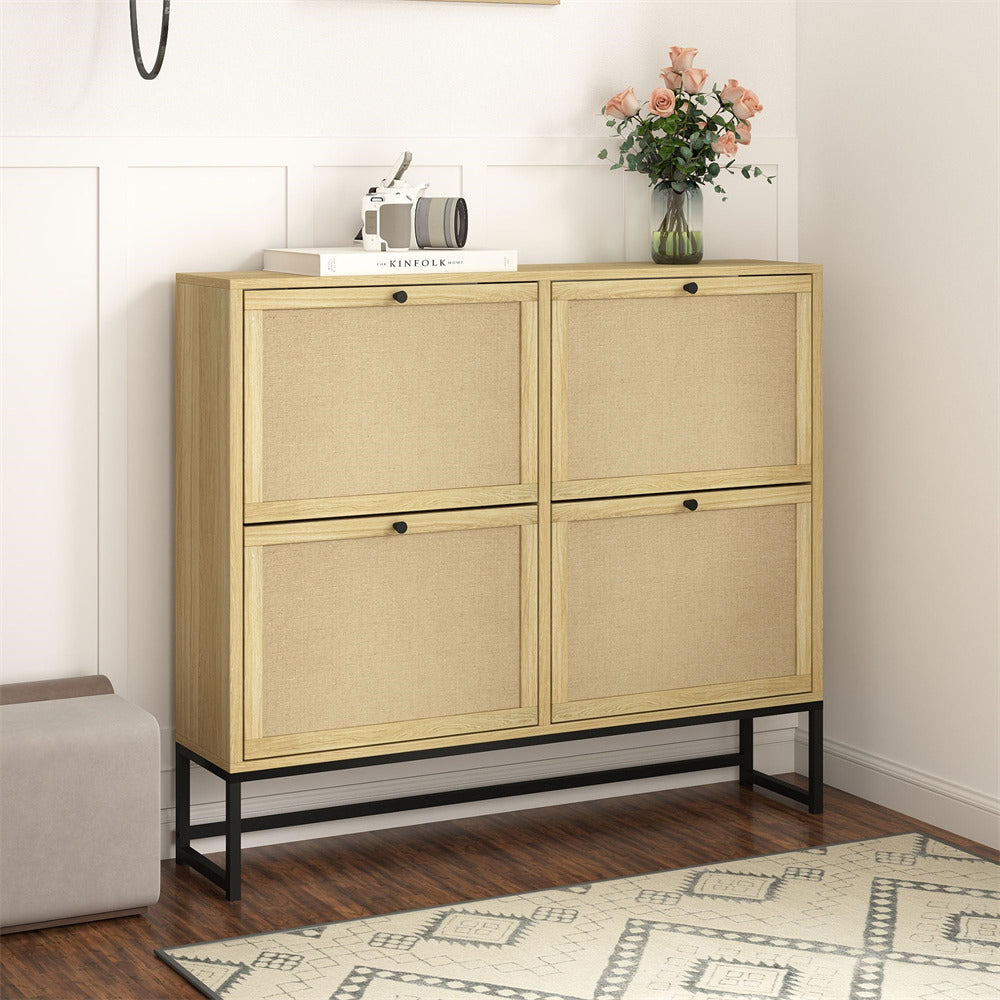 Natural Modern Entryway Wooden Shoe Cabinet with 4 Door 2-Tier Flip Drawers