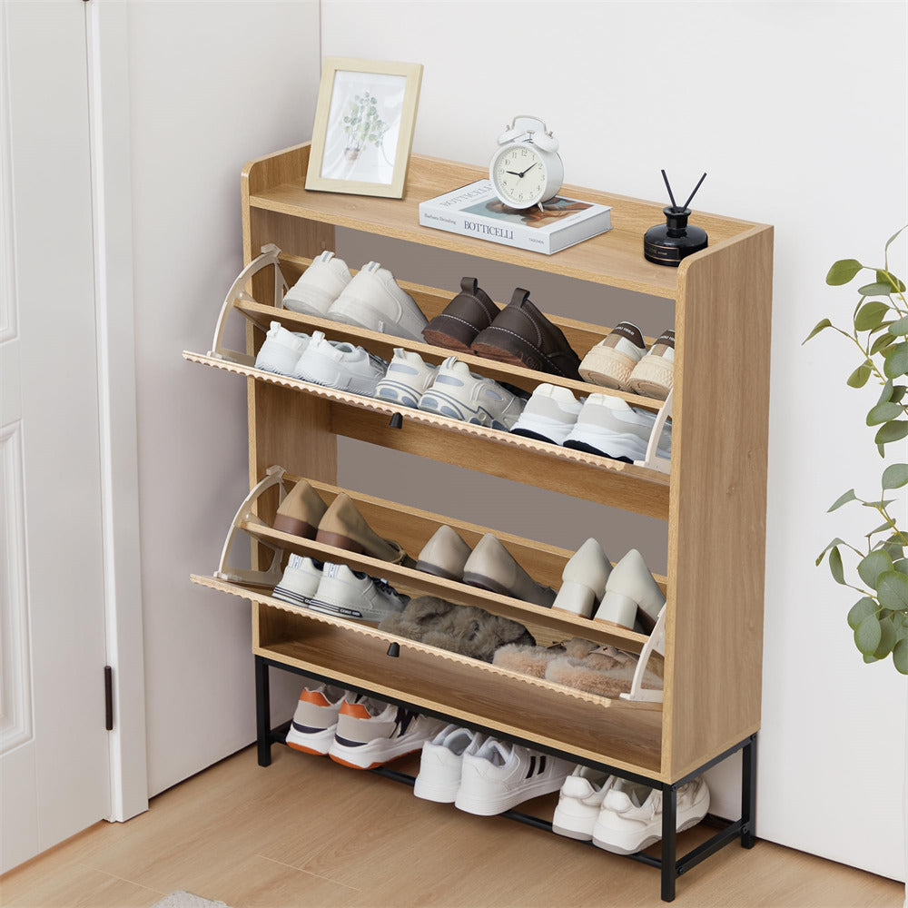 Natural Modern Fluted Shoe Cabinet Entryway Shoe Rack with 2 Flip Drawers and Metal Legs