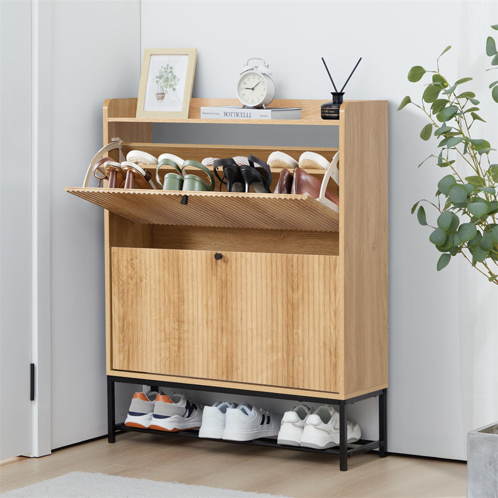 Natural Modern Fluted Shoe Cabinet Entryway Shoe Rack with 2 Flip Drawers and Metal Legs