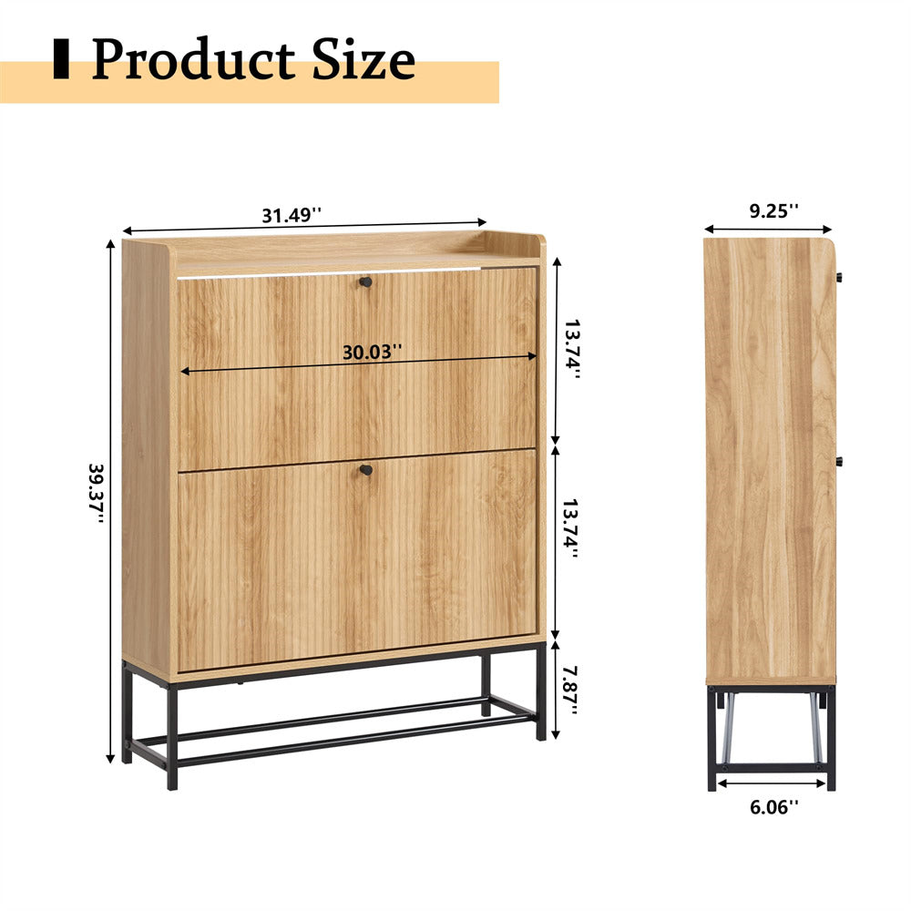 Natural Modern Fluted Shoe Cabinet Entryway Shoe Rack with 2 Flip Drawers and Metal Legs