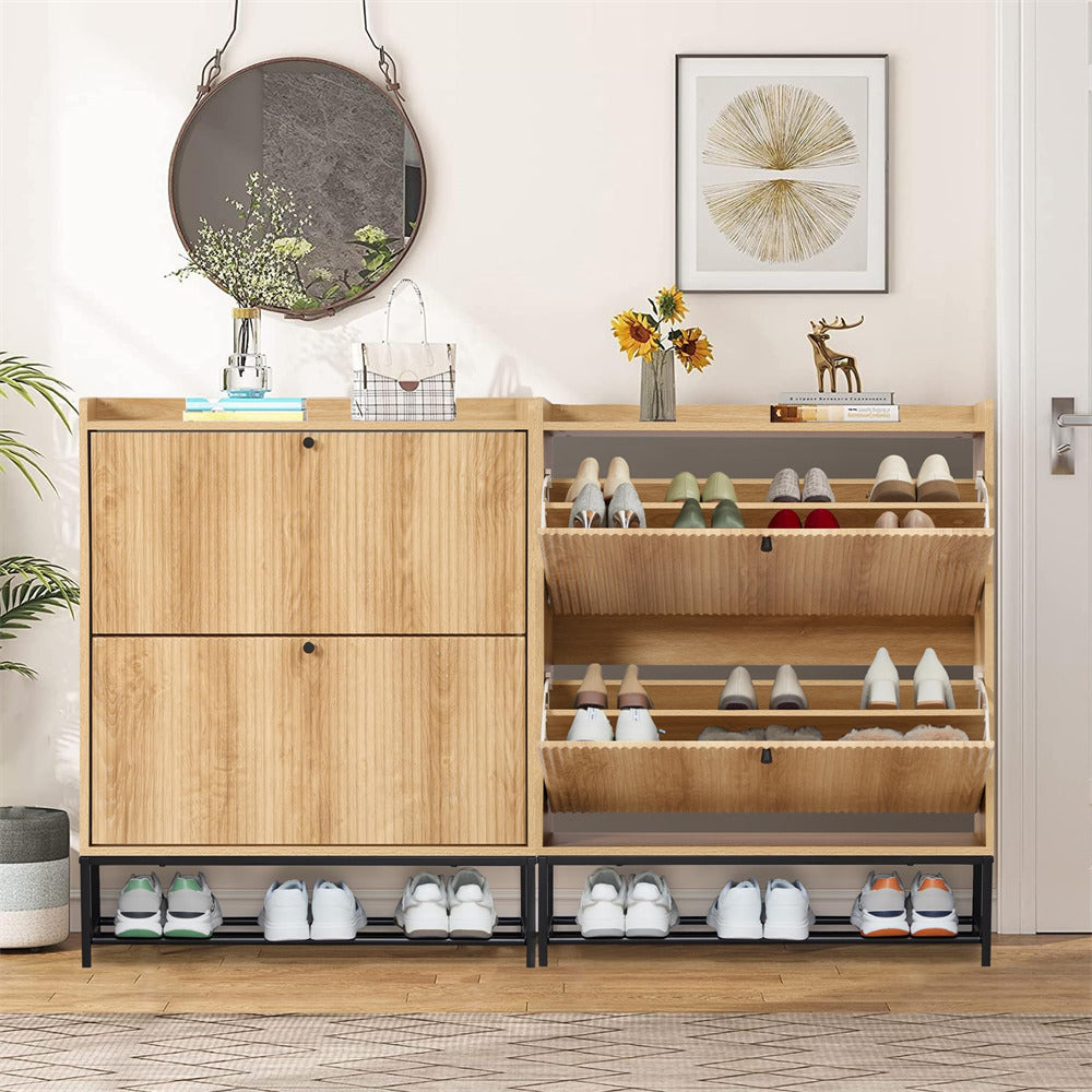 Natural Modern Fluted Shoe Cabinet Entryway Shoe Rack with 2 Flip Drawers and Metal Legs