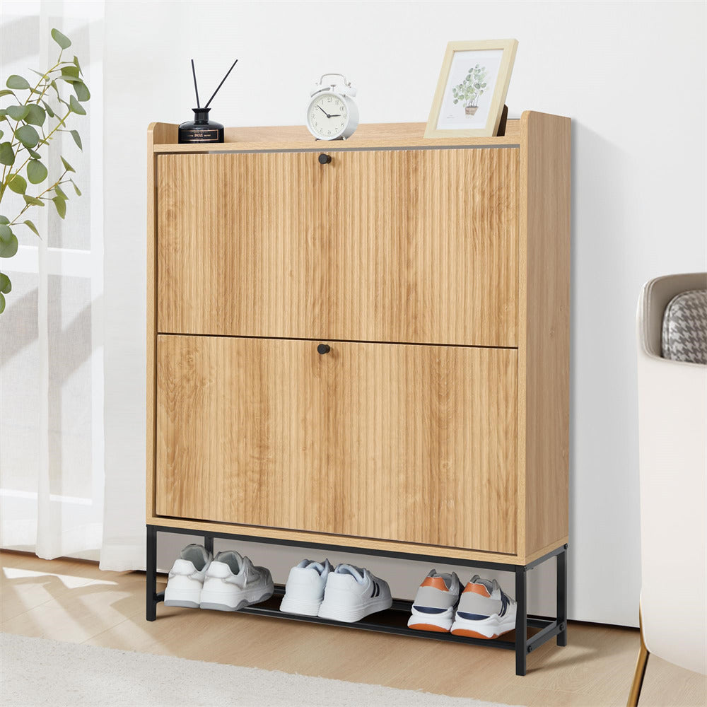 Natural Modern Fluted Shoe Cabinet Entryway Shoe Rack with 2 Flip Drawers and Metal Legs