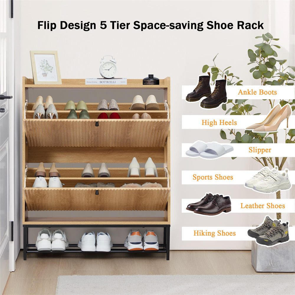 Natural Modern Fluted Shoe Cabinet Entryway Shoe Rack with 2 Flip Drawers and Metal Legs