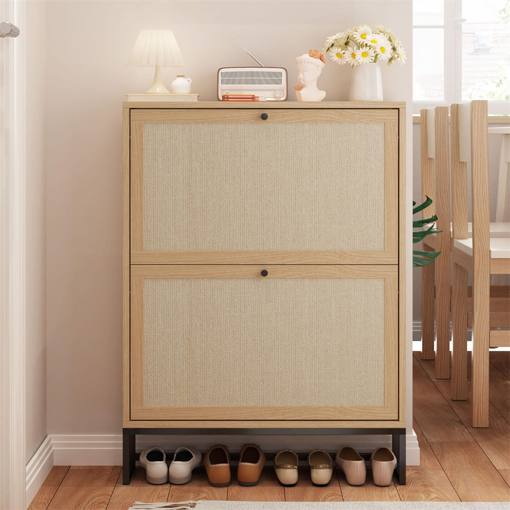 Natural Modern Freestanding Shoe Cabinet Storage Entryway Shoe Rack with 2 Linen Doors