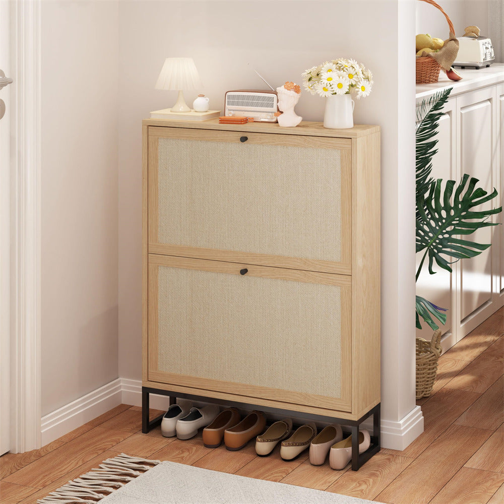 Natural Modern Freestanding Shoe Cabinet Storage Entryway Shoe Rack with 2 Linen Doors