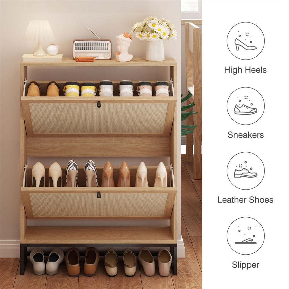 Natural Modern Freestanding Shoe Cabinet Storage Entryway Shoe Rack with 2 Linen Doors