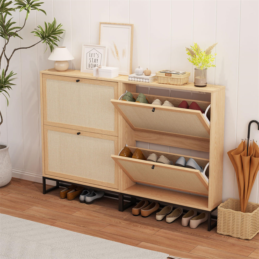 Natural Modern Freestanding Shoe Cabinet Storage Entryway Shoe Rack with 2 Linen Doors