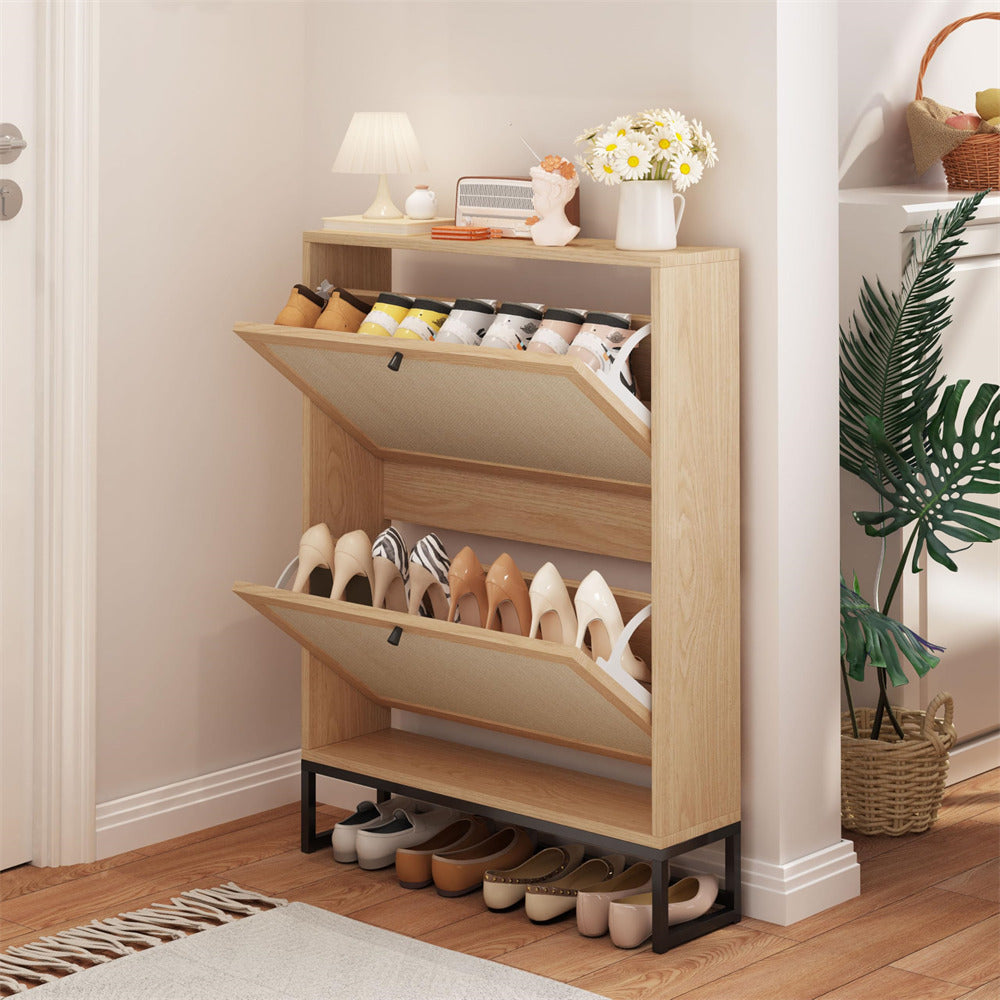 Natural Modern Freestanding Shoe Cabinet Storage Entryway Shoe Rack with 2 Linen Doors