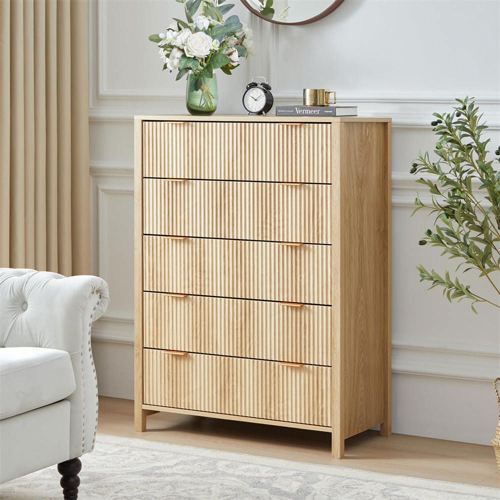 Natural Modern Wood 5 Drawer Dressers with Waveform Fluted Panel