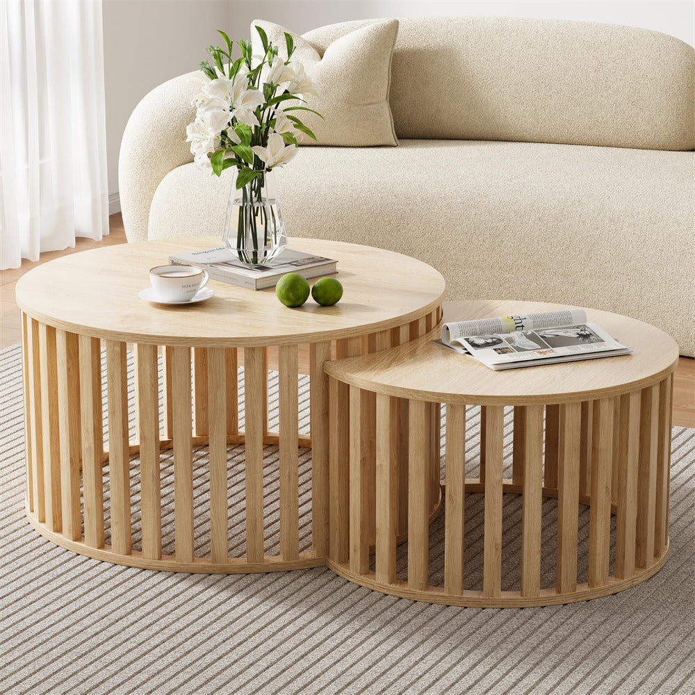 Natural Modern Wood Round Nesting Coffee Table Set of 2 with Strip Frame and Storage