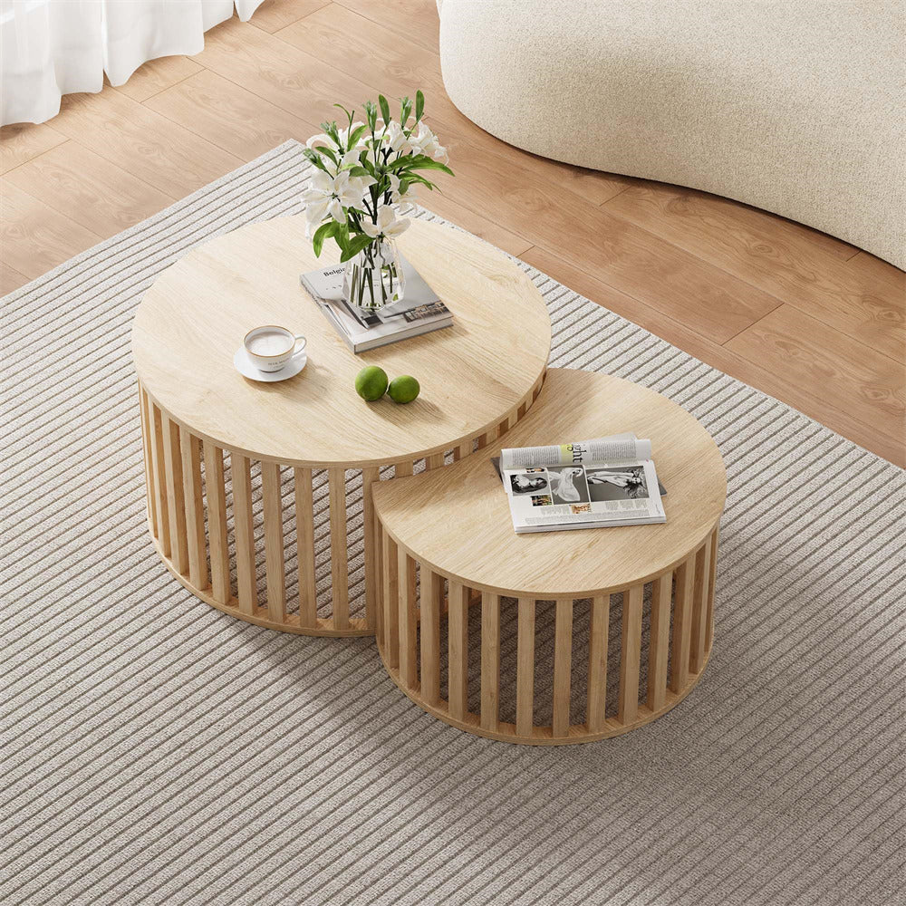 Natural Modern Wood Round Nesting Coffee Table Set of 2 with Strip Frame and Storage