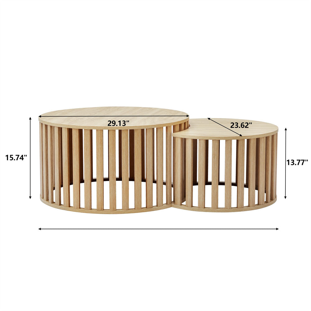 Natural Modern Wood Round Nesting Coffee Table Set of 2 with Strip Frame and Storage