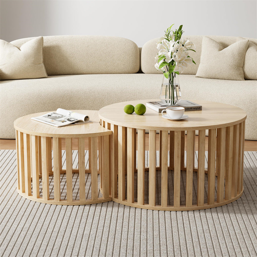 Natural Modern Wood Round Nesting Coffee Table Set of 2 with Strip Frame and Storage