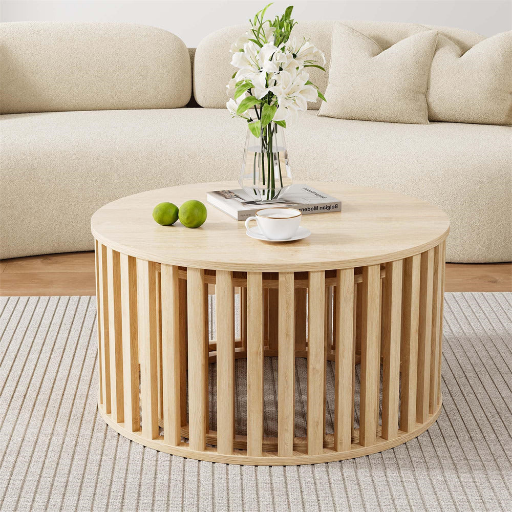 Natural Modern Wood Round Nesting Coffee Table Set of 2 with Strip Frame and Storage