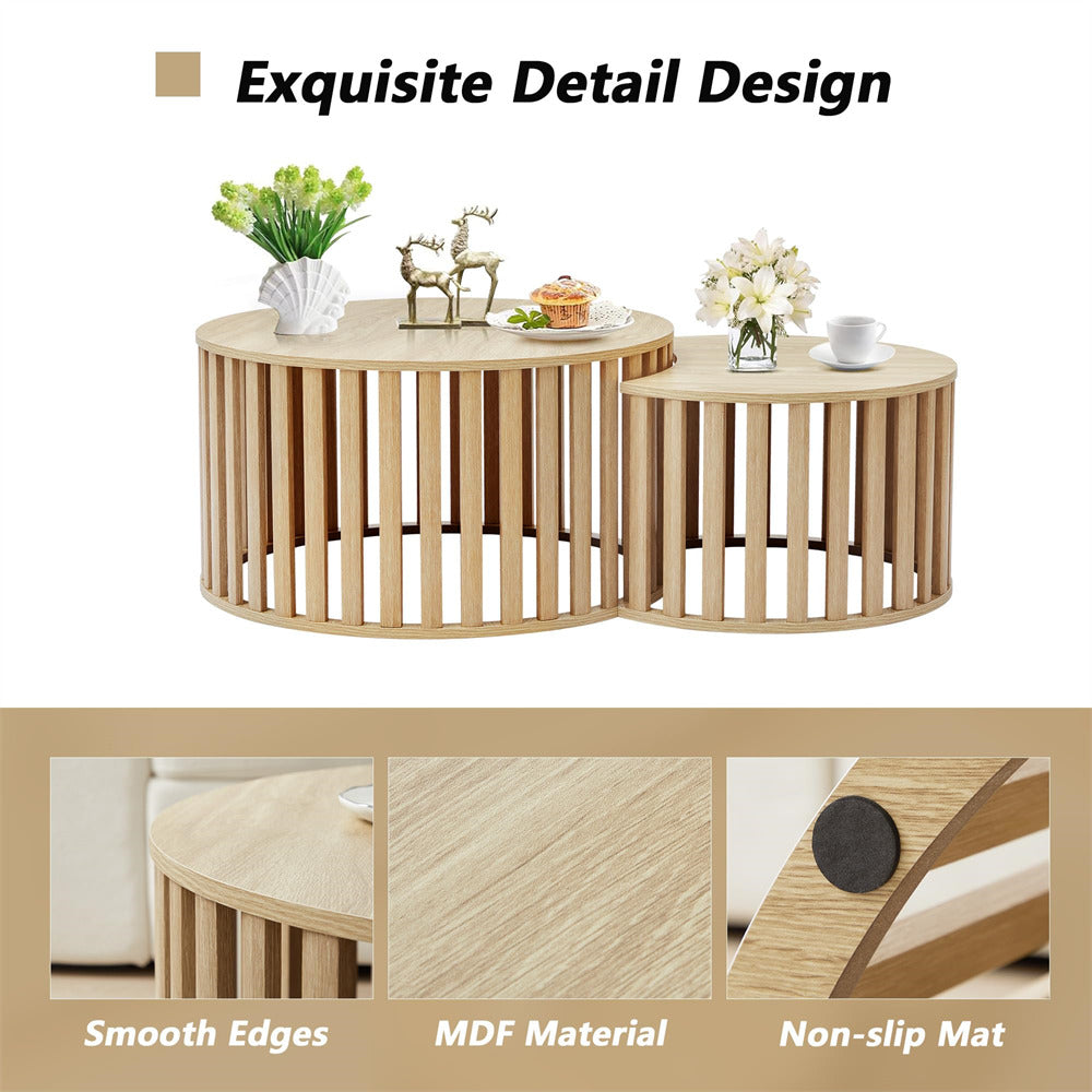 Natural Modern Wood Round Nesting Coffee Table Set of 2 with Strip Frame and Storage