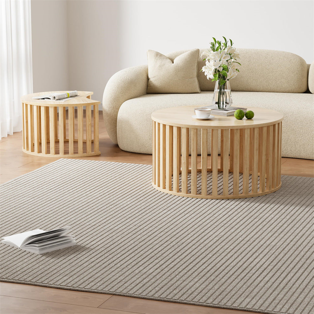 Natural Modern Wood Round Nesting Coffee Table Set of 2 with Strip Frame and Storage