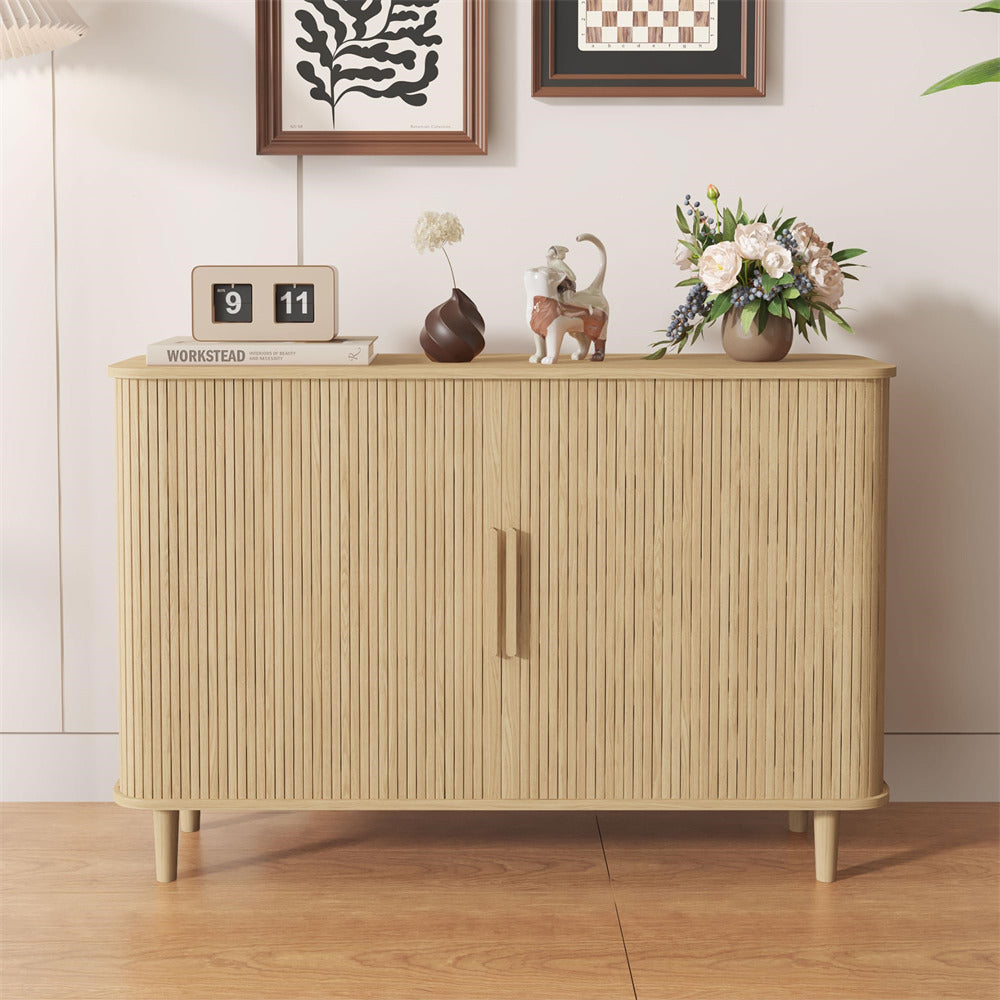 Natural Modern Wooden Sideboard Storage Cabinet with 2 Sliding Doors and Handles